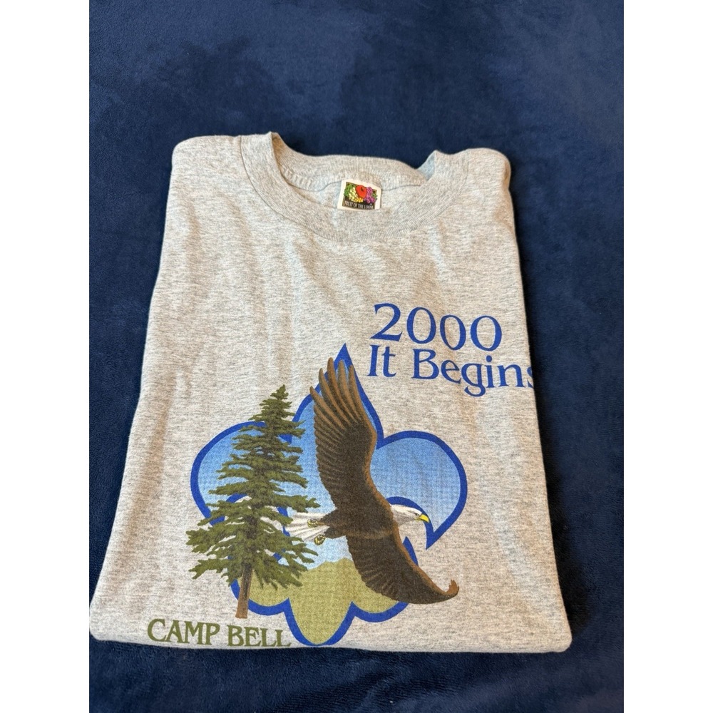 Vtg Fruit Of The Loom Best T Shirt XL 2000 It Begins Camp Bell Y2K Gray Mens